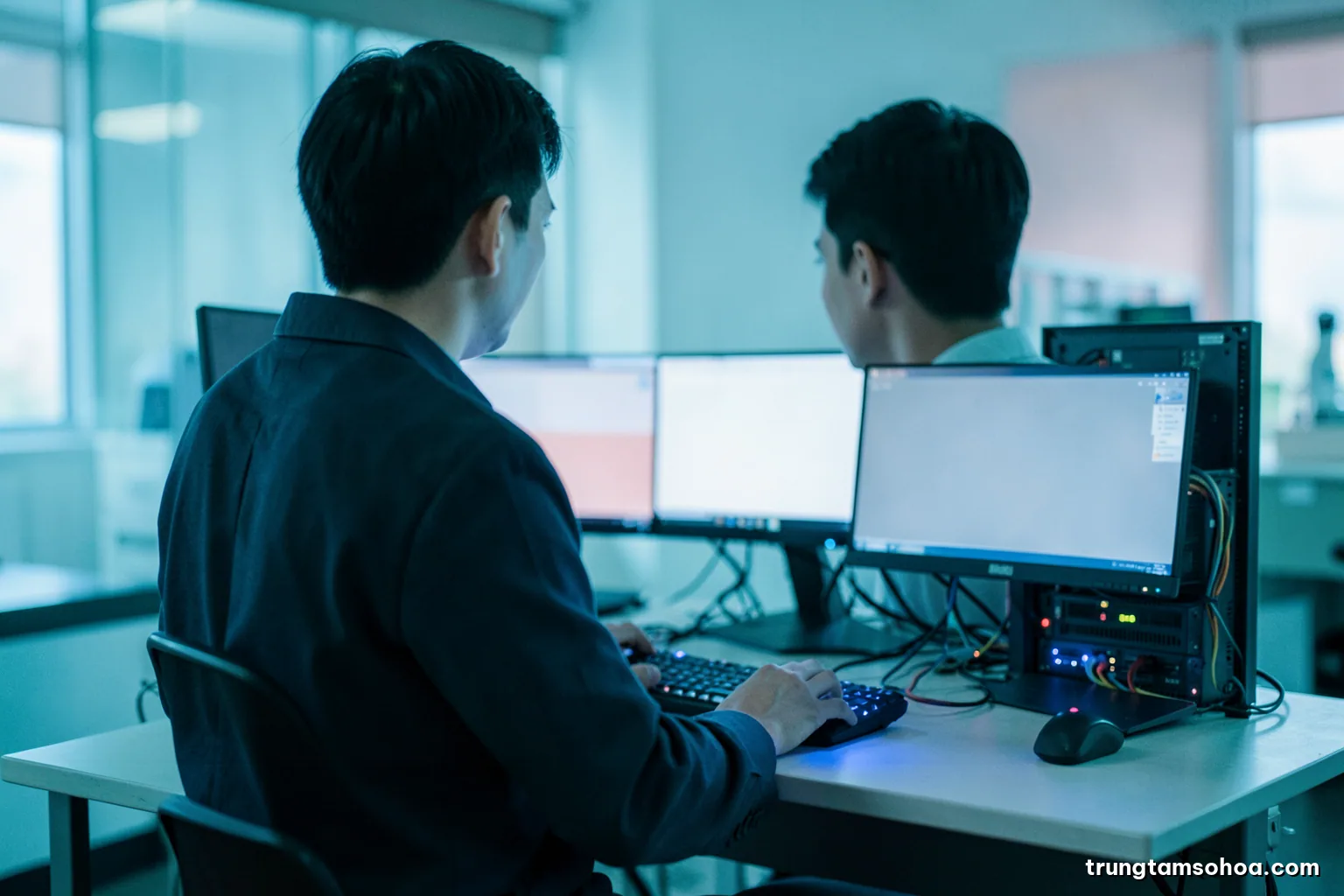 Over-the-shoulder view of a Vietnamese software engineer at a standing desk, two blank monitors, network cables and a small server rack glowing softly, cool blue morning light