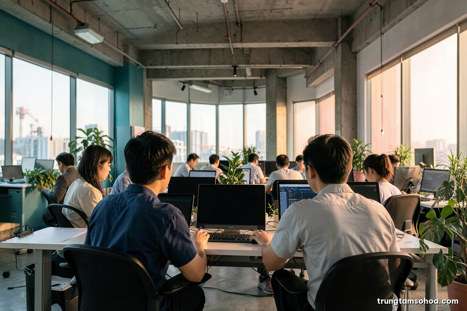 Wide shot of a modern Vietnamese software studio with developers at desks seen from behind, laptops with dark blank displays, plants and exposed concrete, warm late afternoon light