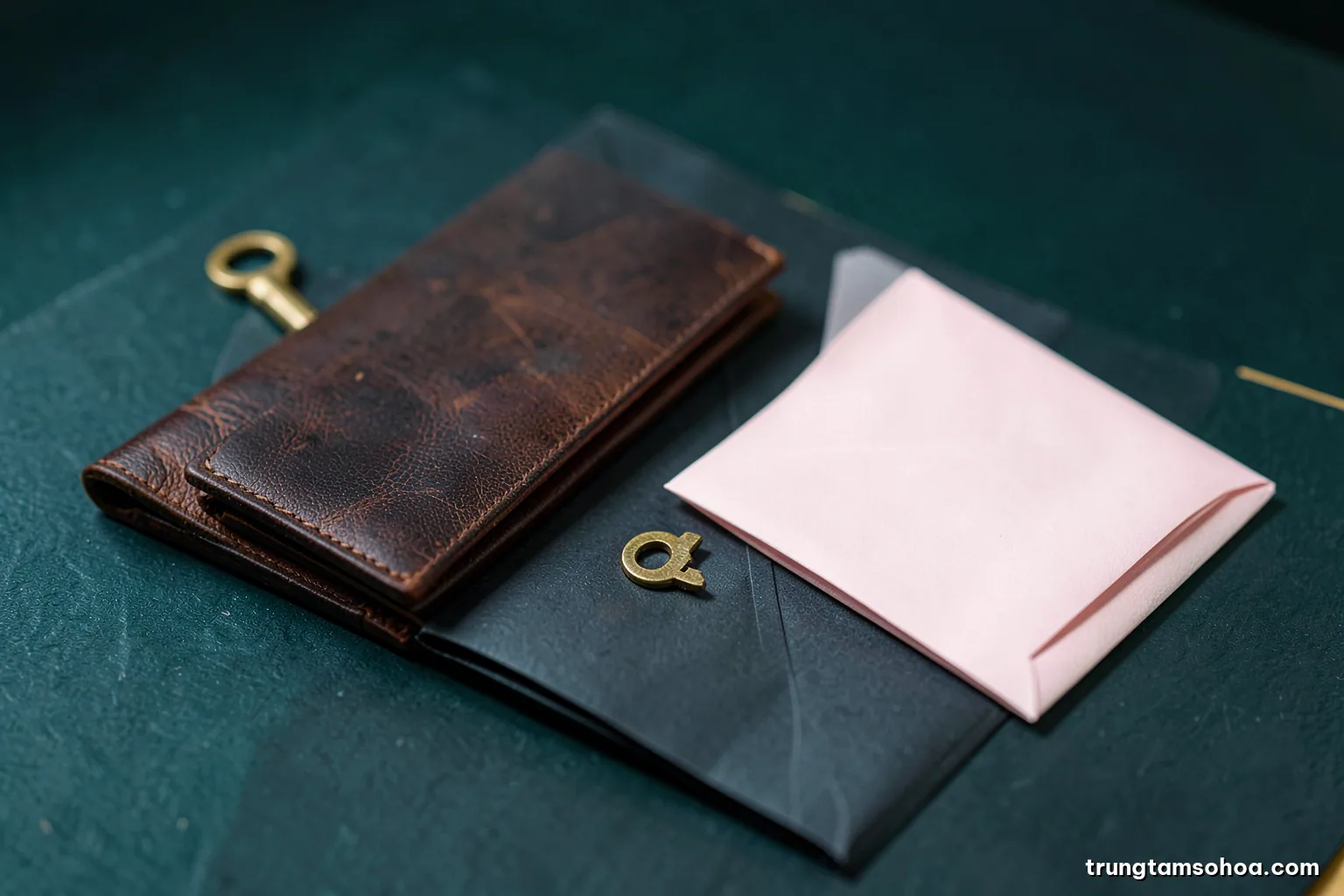 Macro shot of a brass key resting on a closed leather folder beside a sealed envelope on dark slate, single soft side light, deep green and gold palette