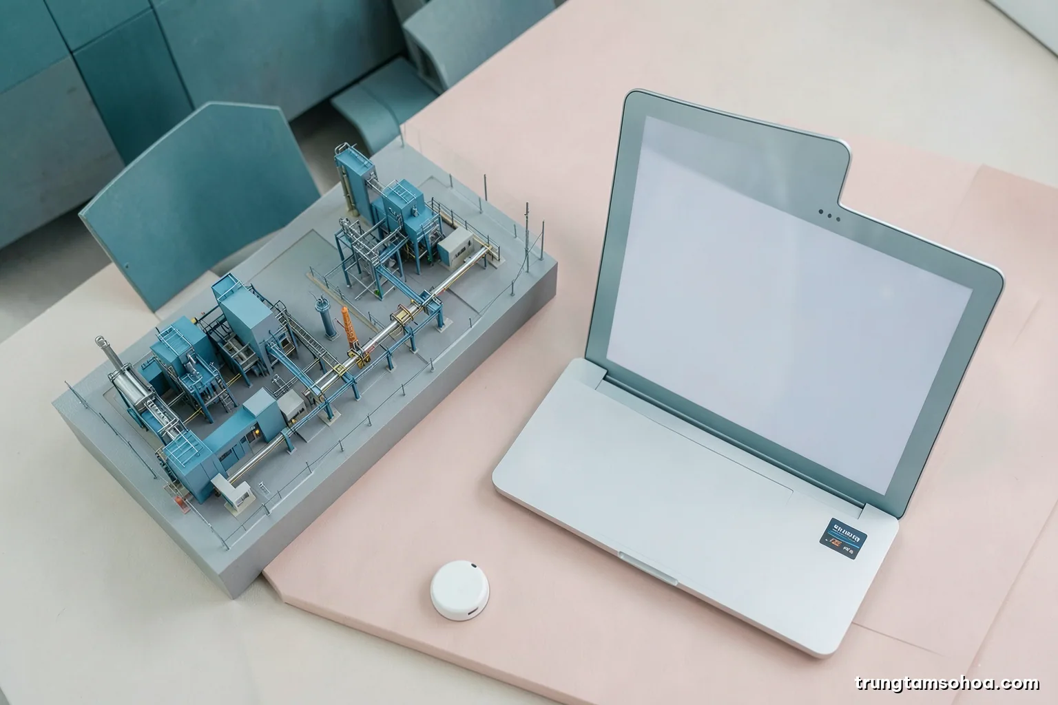 Top-down view of an engineering desk with a precise physical scale model of a production line beside a blank laptop and a wireless sensor, soft diffuse light, muted sand and slate tones