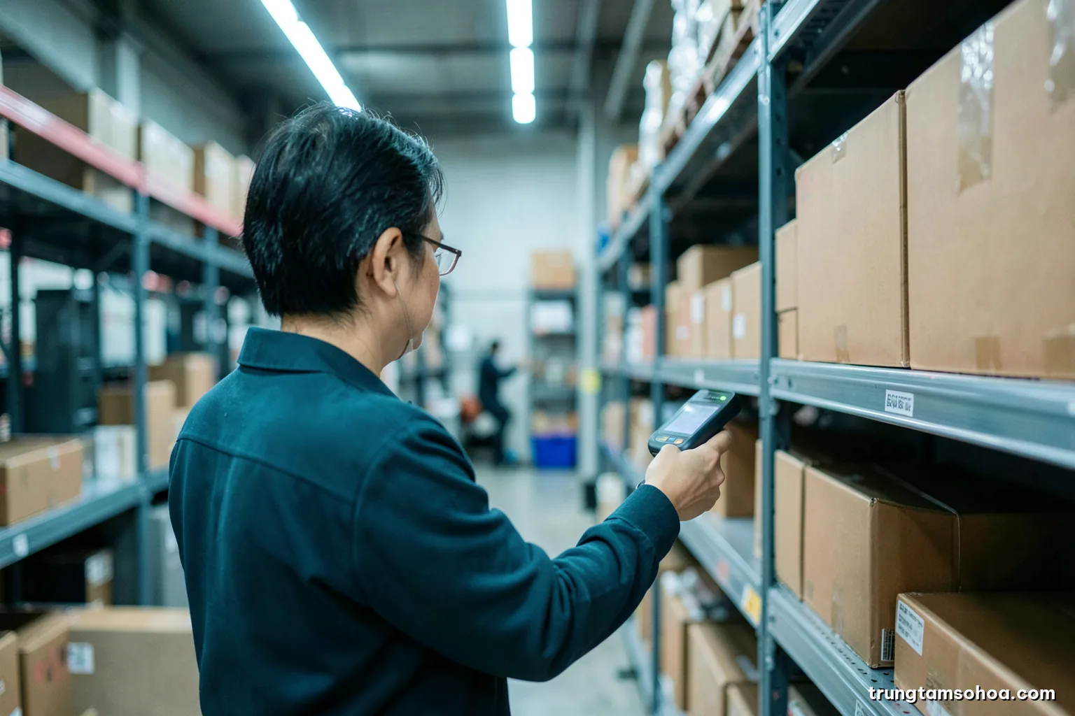 Over-the-shoulder view of a Vietnamese stockroom worker scanning boxes on tall metal shelves with a handheld scanner, cool fluorescent light, steel grey and orange palette, shallow depth of field