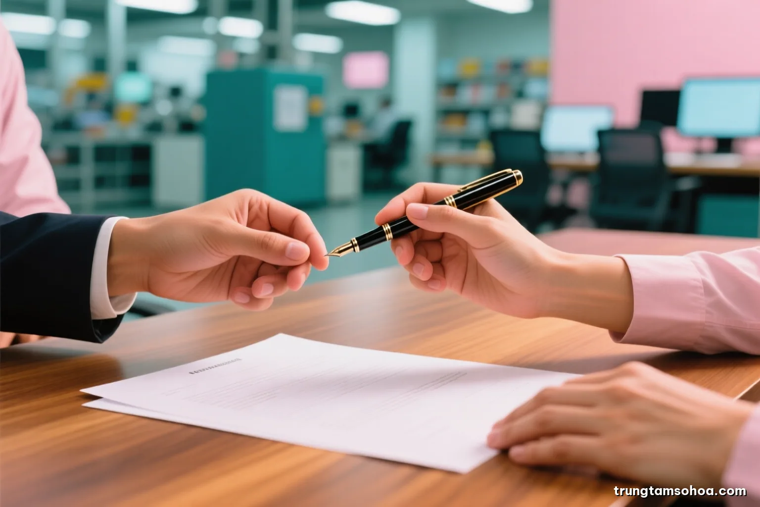 Close-up of two pairs of hands, one Vietnamese, exchanging a fountain pen over blank contract pages on a walnut desk, shallow depth of field, warm amber tones