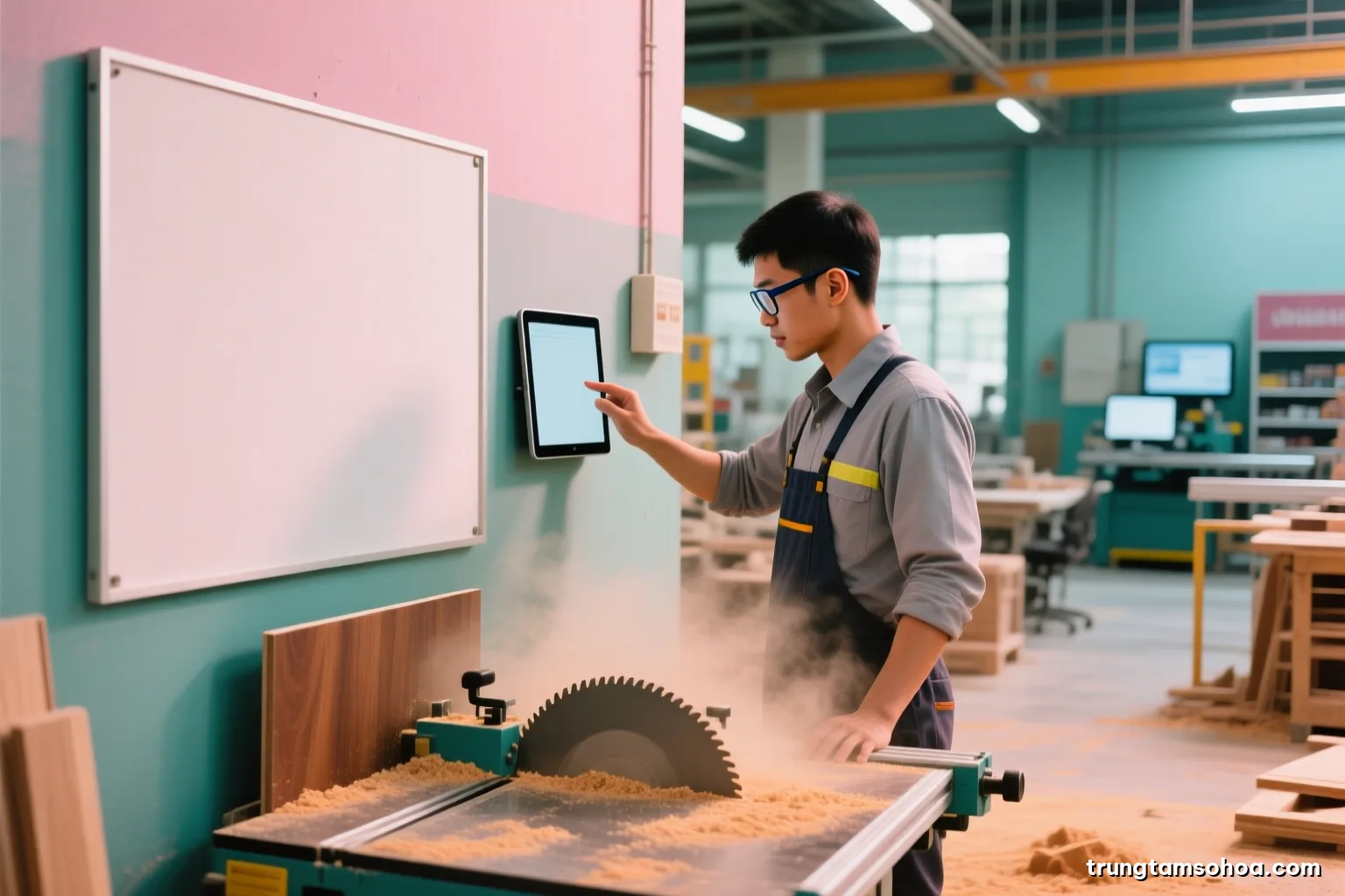 Medium shot of a Vietnamese woodworking factory floor, a worker in safety glasses tapping a blank wall-mounted tablet beside a panel saw, warm sawdust haze, amber and walnut tones