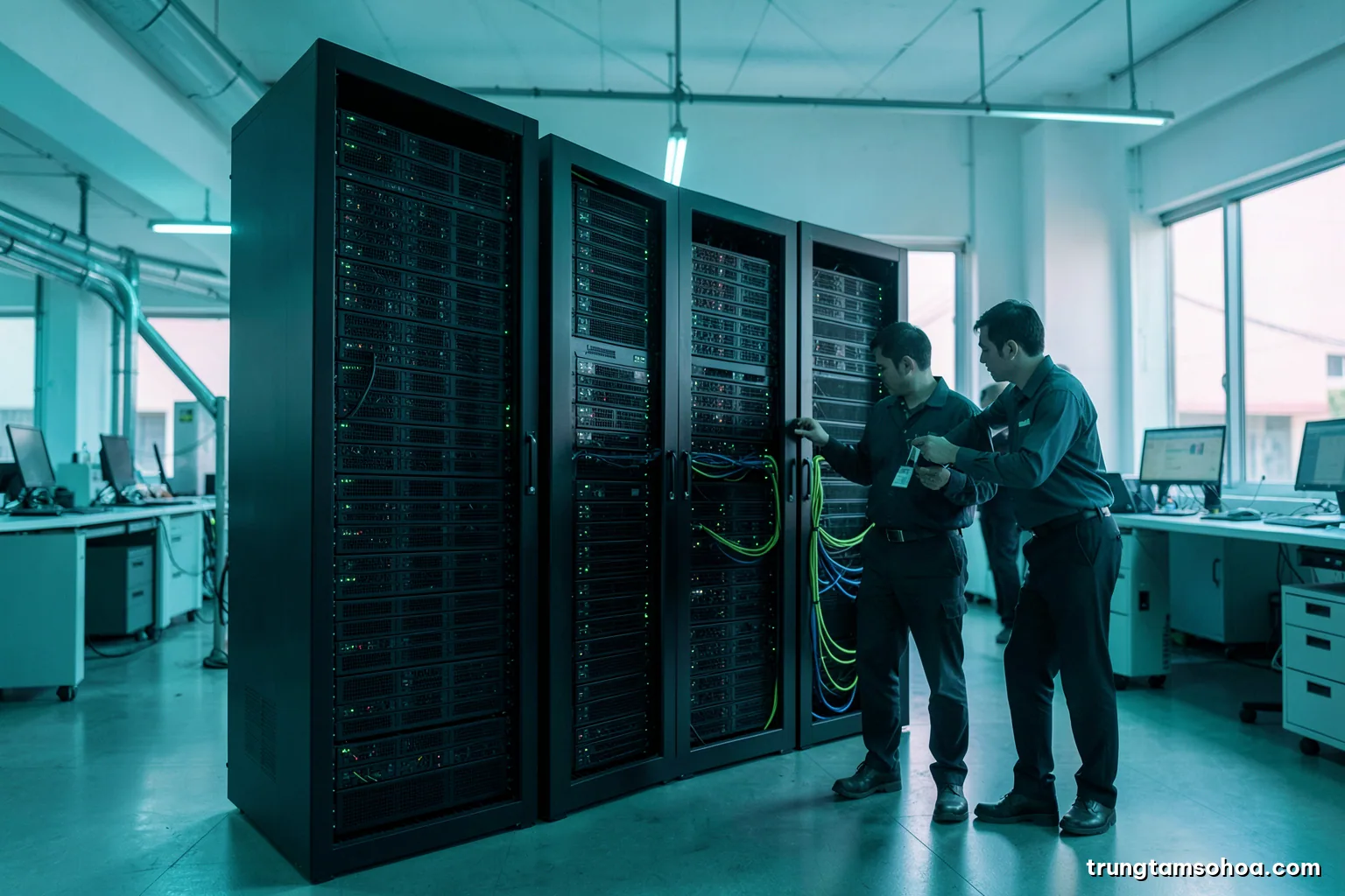 Wide shot of a compact server room in a Vietnamese factory office, two black racks with soft green indicator lights, an engineer silhouette checking cables, cool teal tones