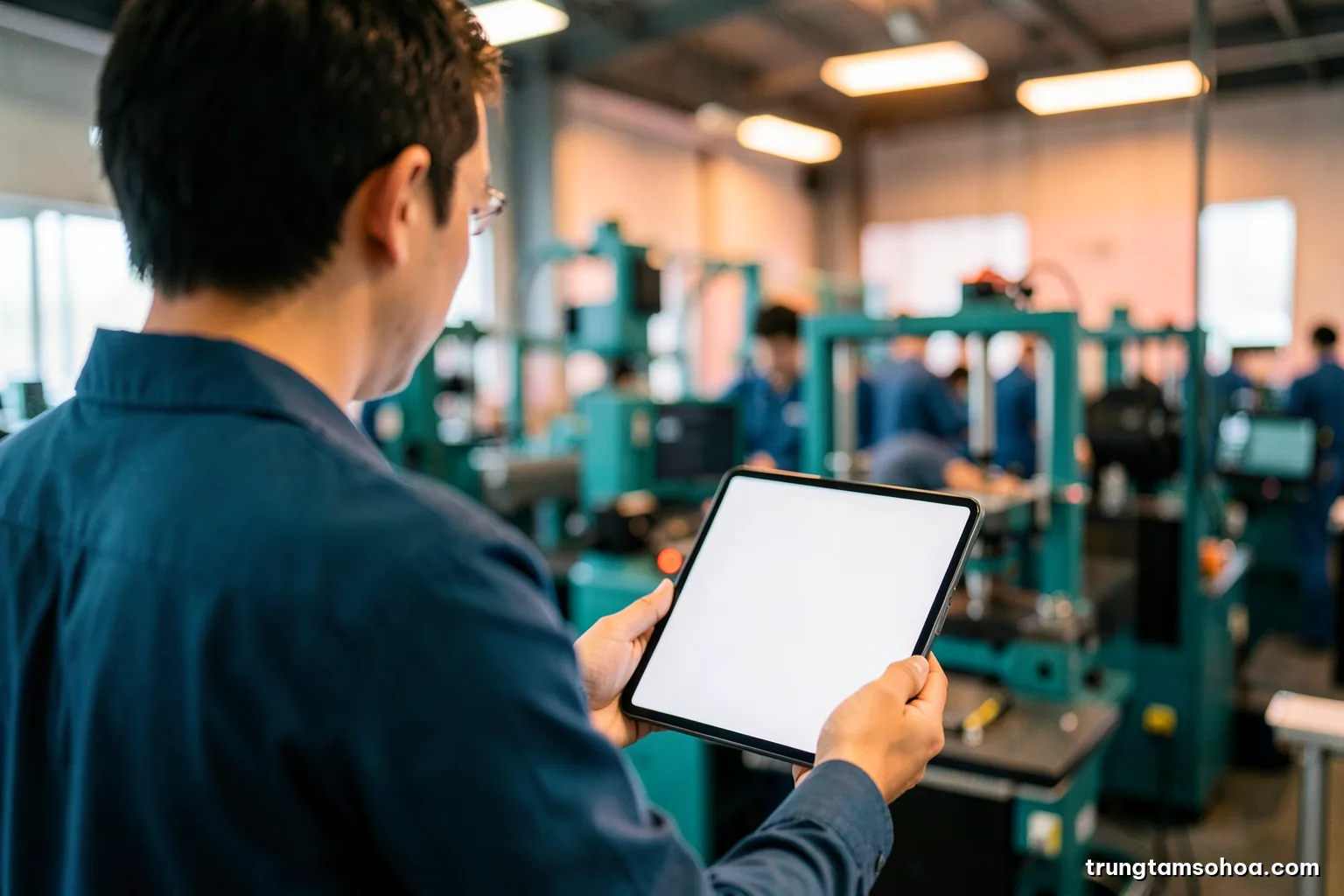 Over-the-shoulder view of a Vietnamese line supervisor holding a blank tablet beside a busy injection molding line, warm overhead light, orange and charcoal tones, background softly blurred