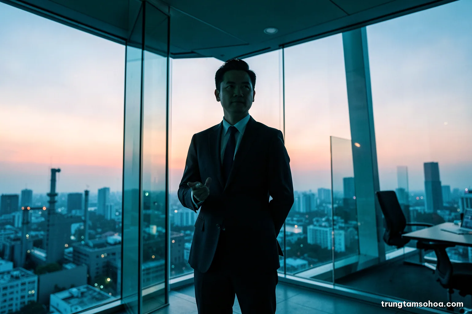 Low angle view of a Vietnamese executive standing at a glass wall office overlooking a city at dusk, silhouette against warm sky, reflective cool blue interior tones