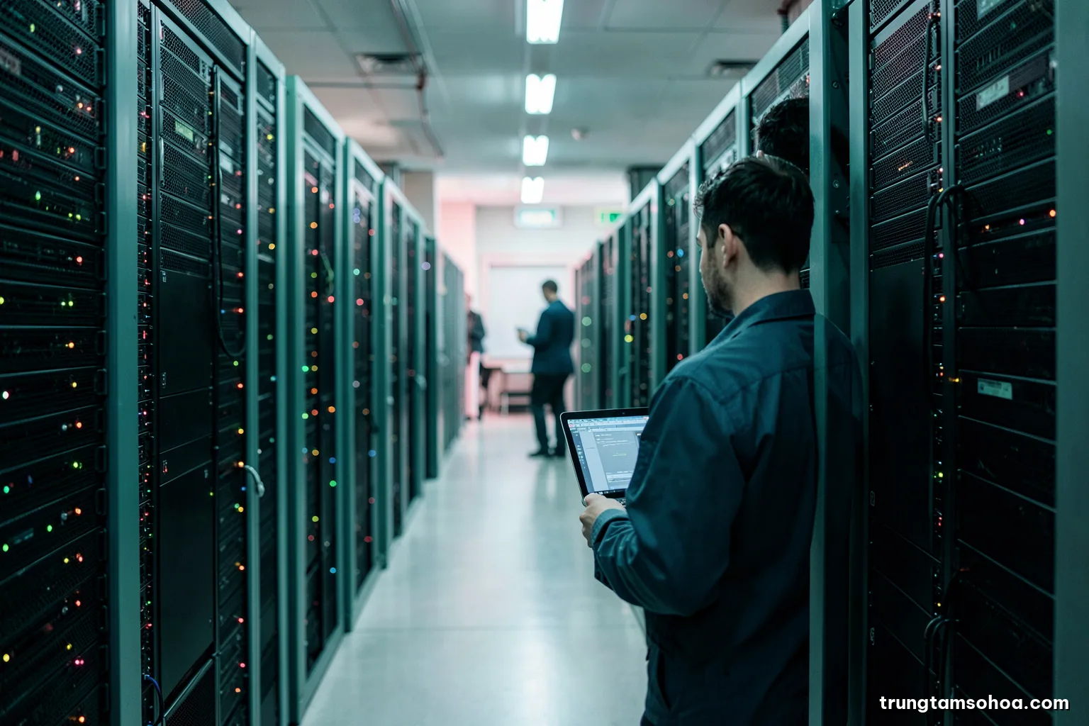 Wide shot of a dim server room aisle with rows of racks and small blinking lights, one technician seen from behind holding a laptop, cool green and graphite tones
