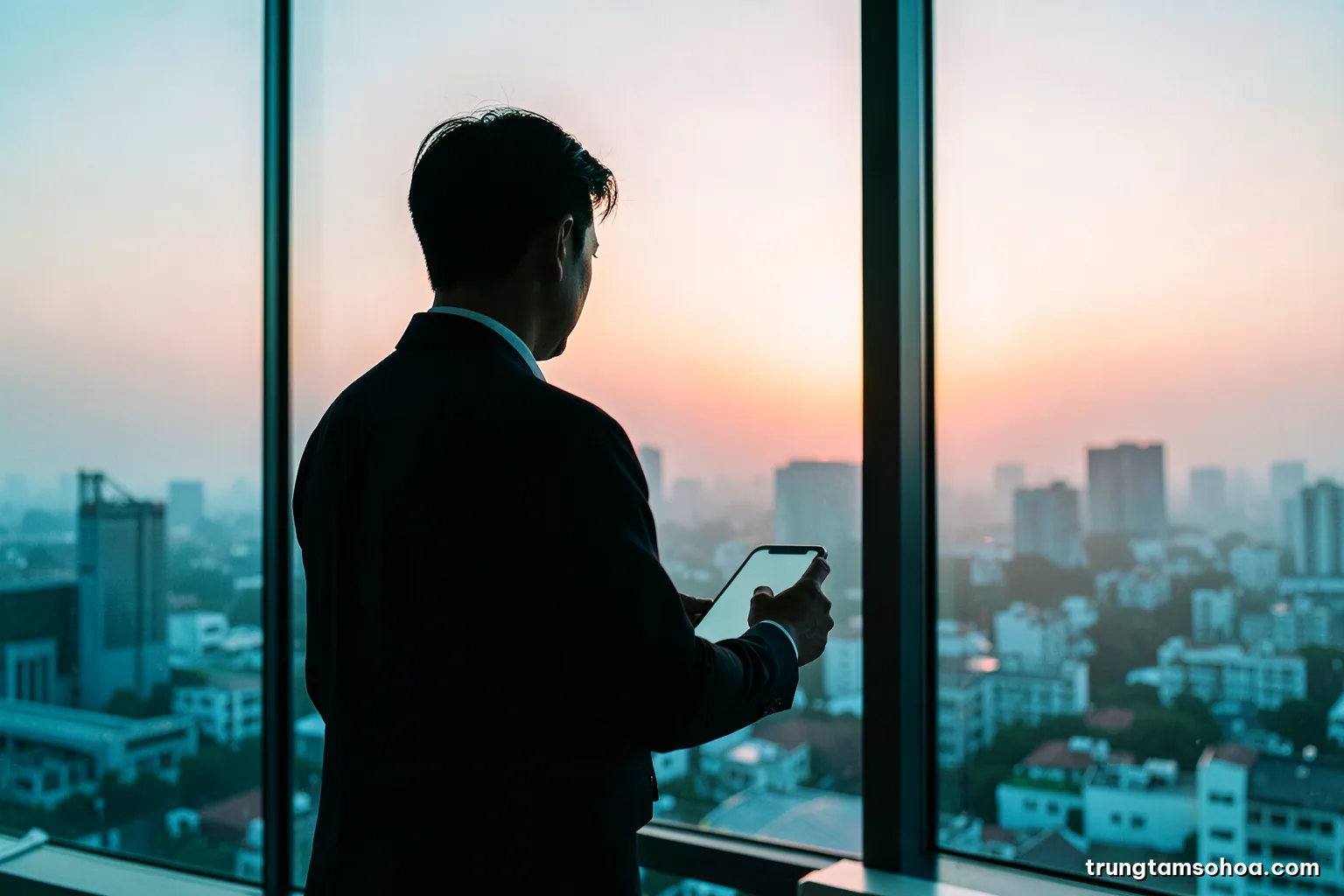 Silhouette of a Vietnamese manager standing by a tall office window at sunrise holding a blank tablet, city rooftops below in haze, backlit, soft orange and steel blue