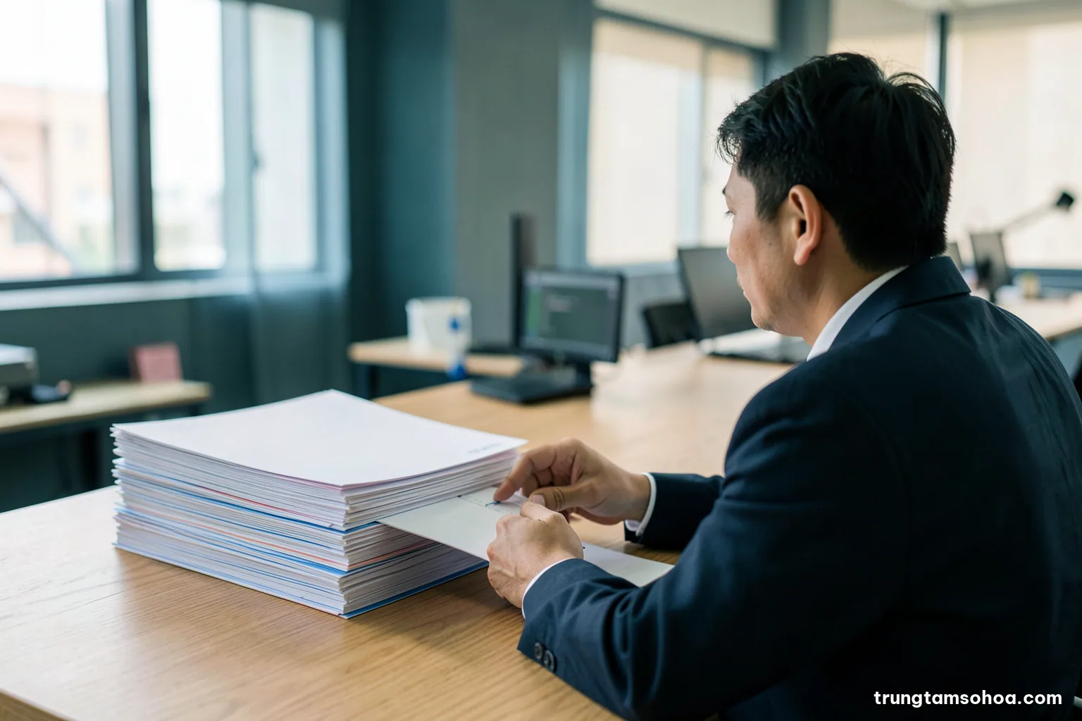 Over-the-shoulder view of a Vietnamese procurement manager reviewing a thick stack of blank proposal binders at a long oak table, soft morning window light, muted navy and cream palette