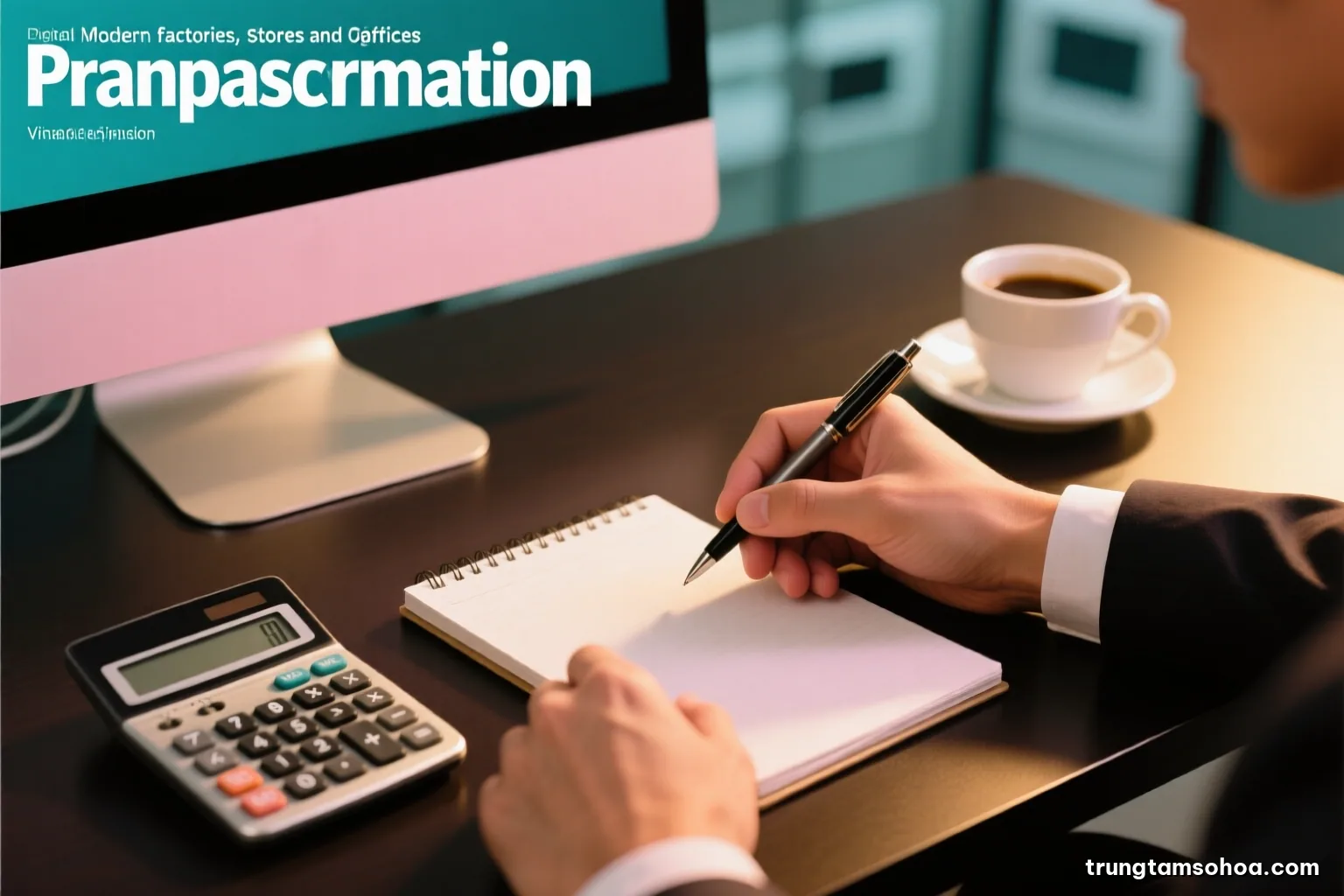 Close-up of a Vietnamese finance manager hands holding a pen above a blank notepad beside a calculator and coffee cup on a dark desk, warm side light, brown and gold tones