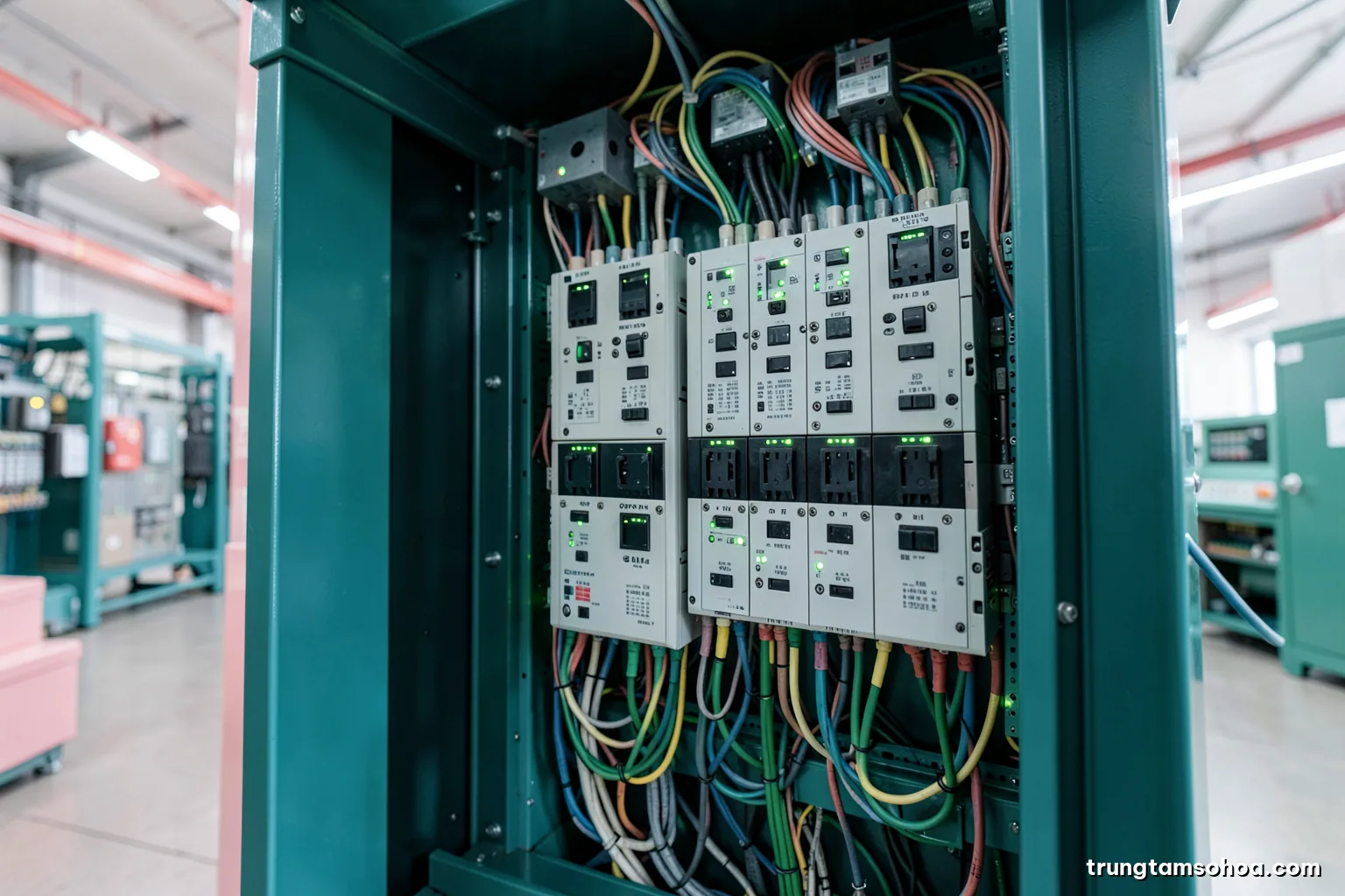 Low-angle view inside an electrical control cabinet with rows of modular controller units and neatly bundled cables, small green status lights glowing, dark steel and green palette