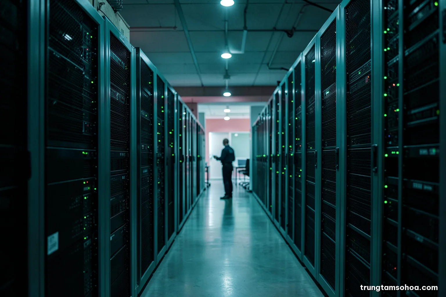 Night view of a dimly lit server room aisle with rows of racks and small green status lights, a lone technician silhouette at the far end, cool teal tones