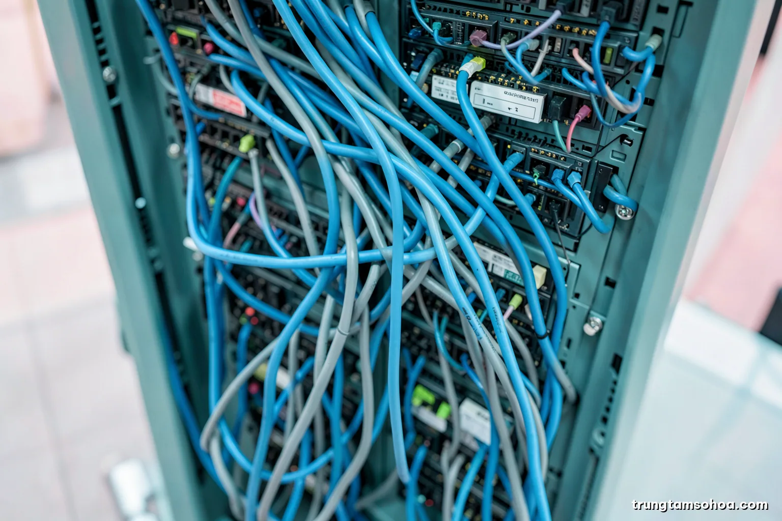 Top-down view of a neatly dressed network rack interior, rows of blue and grey patch cables flowing into switches, cool white light, shallow depth of field